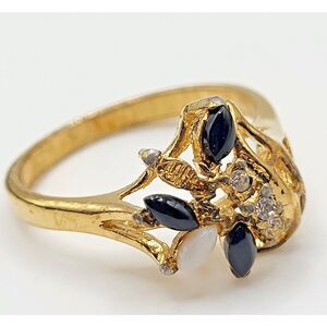 Black Onyx Moonstone Ring 18K GE Black & White Cocktail Ring Size 8.75
